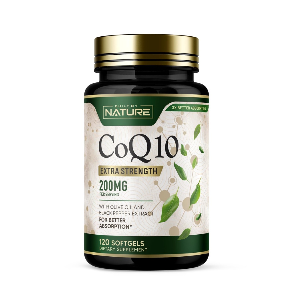 Zgrajena z naravo CoQ10 200 mg – koencim Q10 z oljčnim oljem in črnim poprom za visoko absorpcijo – Podpira zdravje srca in energijo – Antioksidant dodatek – 2 Mesec dobave, 120 Softgels