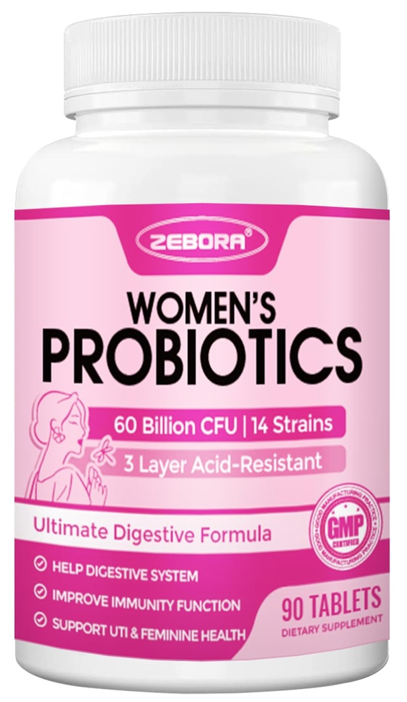 ZEBORA Probiotics for Women Digestive Health, Prebiotics and Probiotics with 60 Billion for Immune Support and Gut Health, Gluten & Soy Free, 90 Tablets