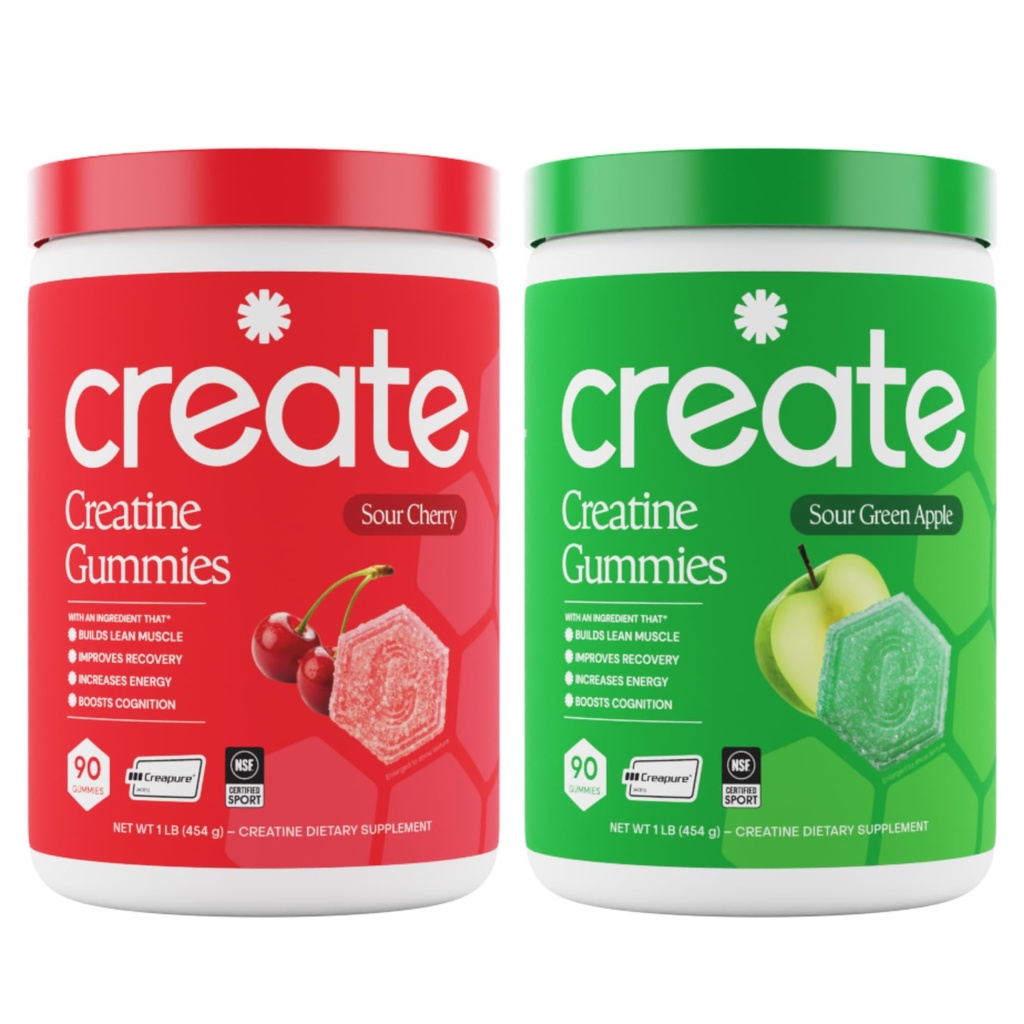 Ustvarite Kreatin Monohidrat Gumies - Sour Power Duo - Sour Apple & Sour Cherry - Kreatin Gumies za ženske in moške, NSF Certified, 3. stranka Tested, Anti-Melting Formula, 180 Count (2-Pack)