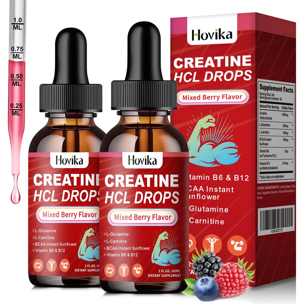 Kreatin HCL tekoče kapljice za moške in ženske, kreatin hidroklorid z L-karnitinom, L-glutaminom, BCAA, vitamin B12 in B6 za rast mišic in regeneracijo vegana, mešana aroma jagod, 4 Fl Oz
