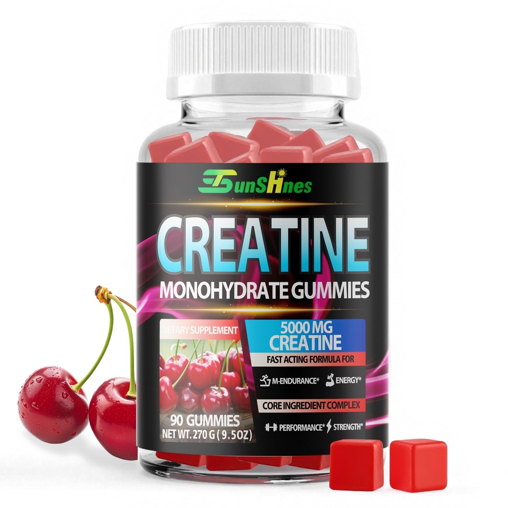 Kreatin monohidrat Gumiji 5g (5000mg), Kreatin brez sladkorja, energija pred treningom, Veg, ne-GMO, za moške in ženske - 90 grof Cherry Flavor