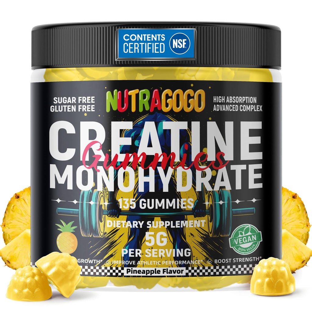 NSF Certified Creatine Gummy - Kreatin Monohidrat Gumiji za moške in ženske-5g kreatin monohidrata na serviranje - brez sladkorja,Vegan, Ananas elektrolitske žvečenje, 135 Število