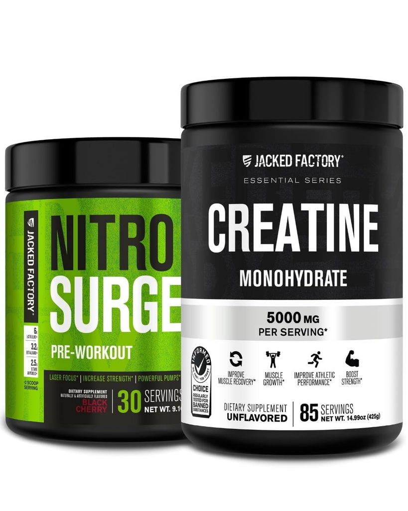 Jacked Factory Nitrosurge Predworkout v črni češnja & Kreatin Monohidrat za moške in ženske