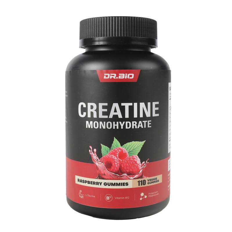 DR.BIO Kreatin Monohidrat Gumiji za energijo in mišično podporo, Predworkout kompleks Kreatin za ženske in moške s 5000mg Kreatin, L-Tavrin, B12, Mg in K, Vegan, Rdeča malina, 110 Count