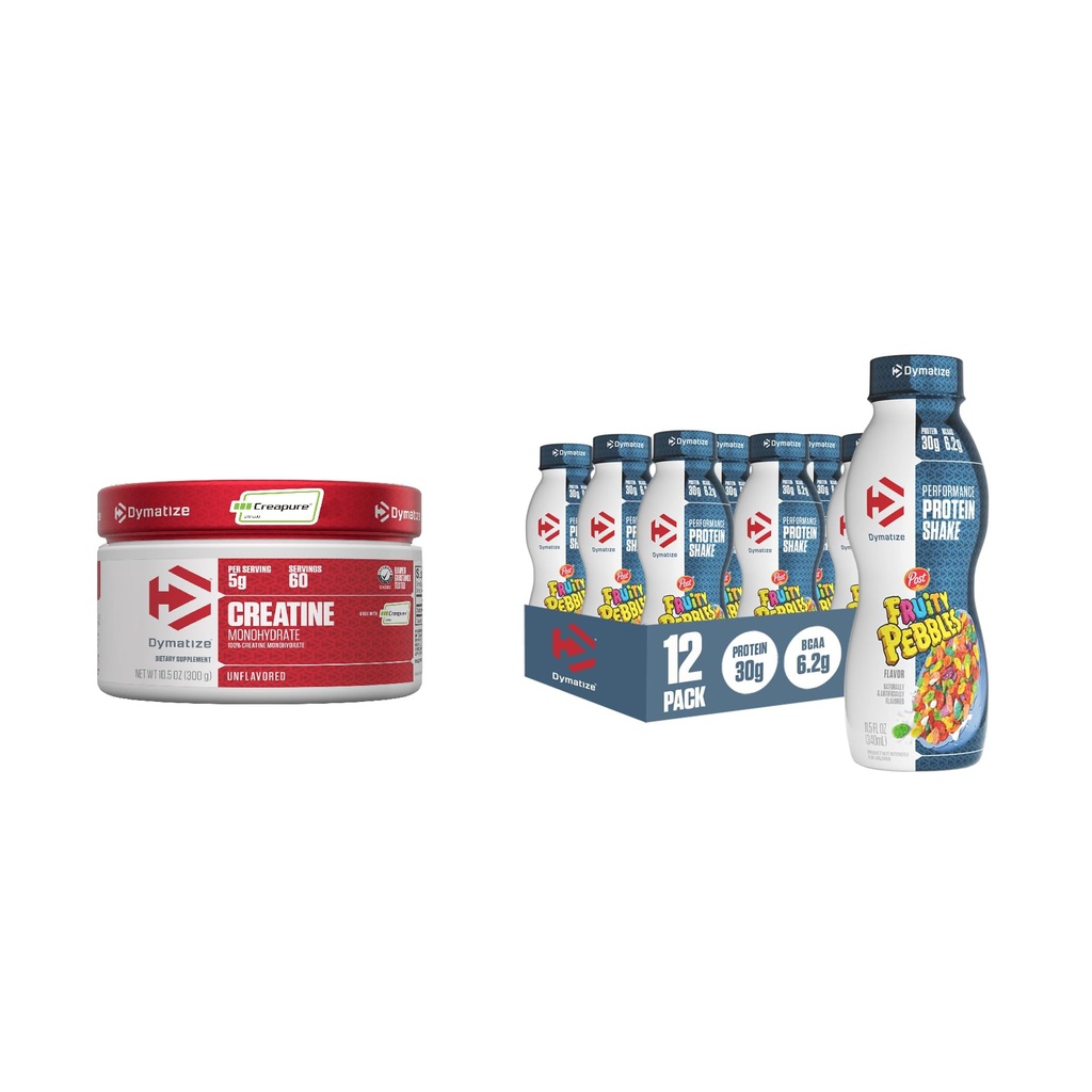 Paket Dymatize Performance Protein Shake, Fruity Pebbles (12 pakiranje) + 100% Kreatin monohidrat z Creapuro (60 obrokov)