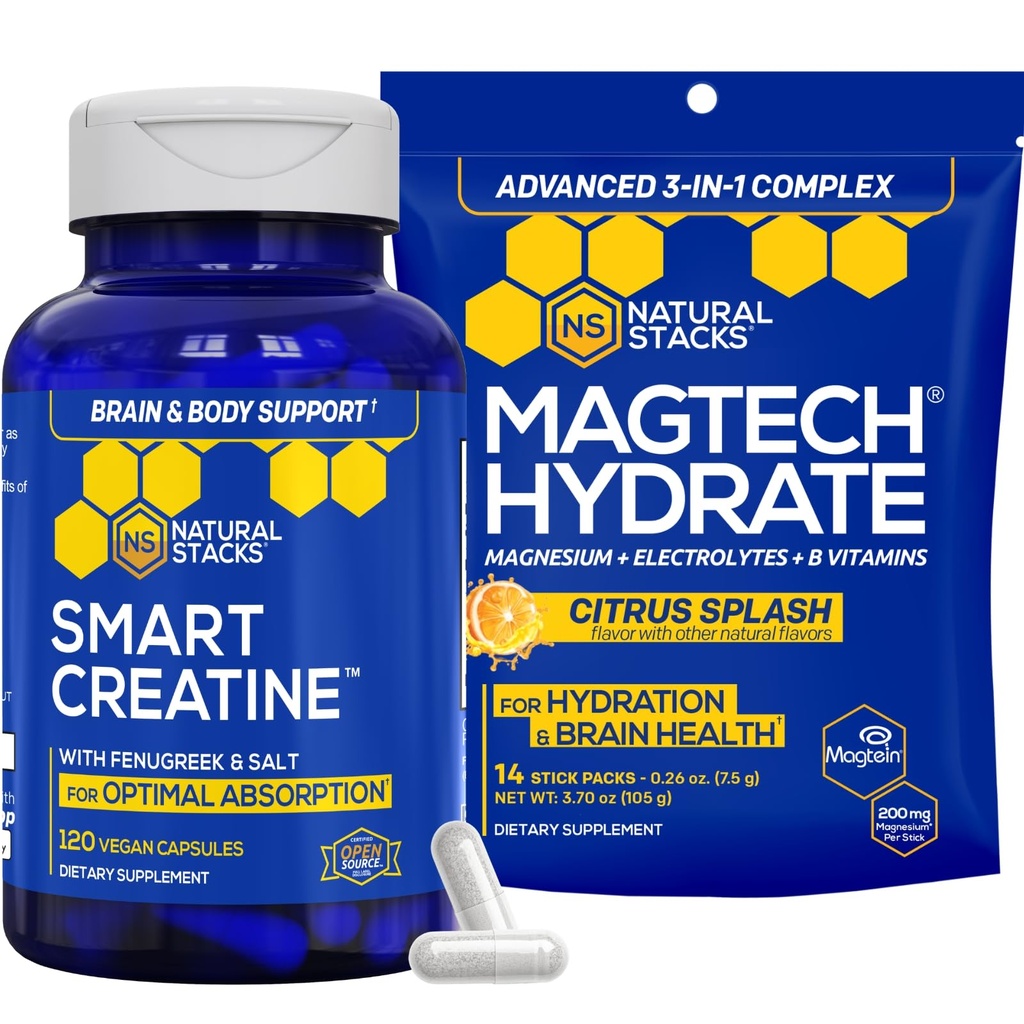 NARAVNI ZASTAVI Kreatin Monohidrat & Magtech Hydrate Bundele - 2500mg Kreatin + 200mg Elementarni magnezij na strežbo - Podpira Hidracijo, zdravje možganov in vzdržljivost - 44 Skupno serviranje