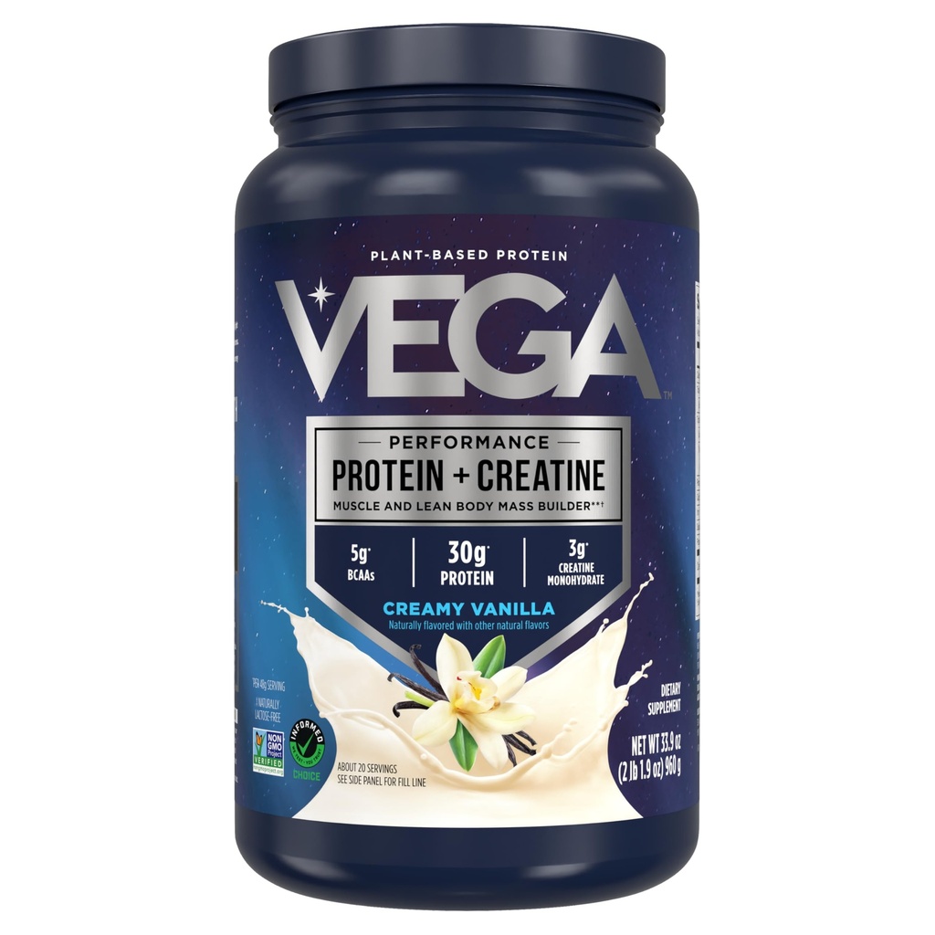 Vega proteini + kreatin - 30g na rastlinah osnovani proteini, Vanilla, 20 Servingi, 3g kreatin, 5g BCAA, Vegan, Keto, Gluten, Brez mleka, Nizka vsebnost ogljikovih hidratov, za rast mišic in popravila, pijača Mix, 33.9oz