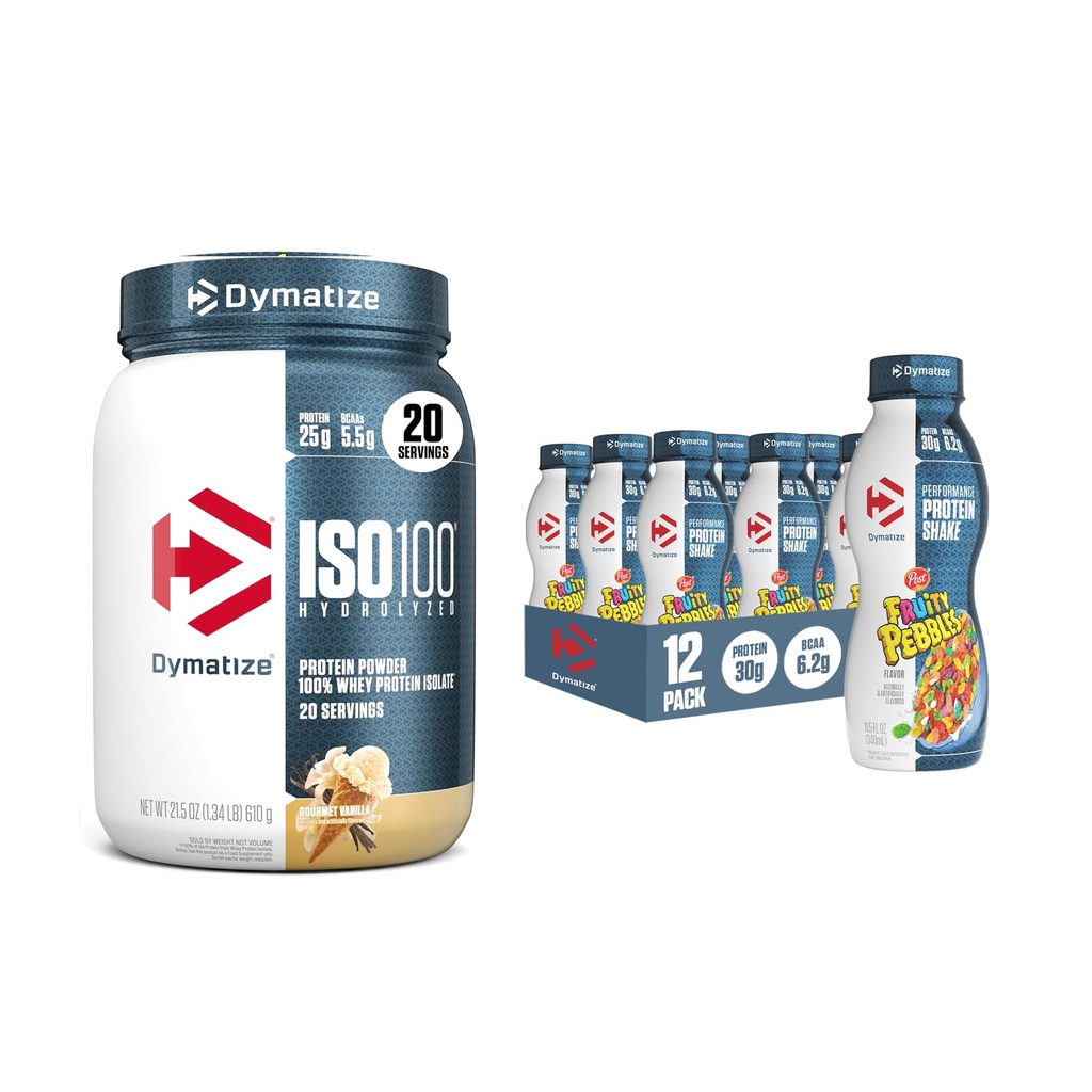 Mešanica Dymatize Performance Protein Shake, Fruity Pebbles (12 pakiranje) + ISO100 Whey Protein Powder Isolate, Gourmet Vanilla (20 servivov)
