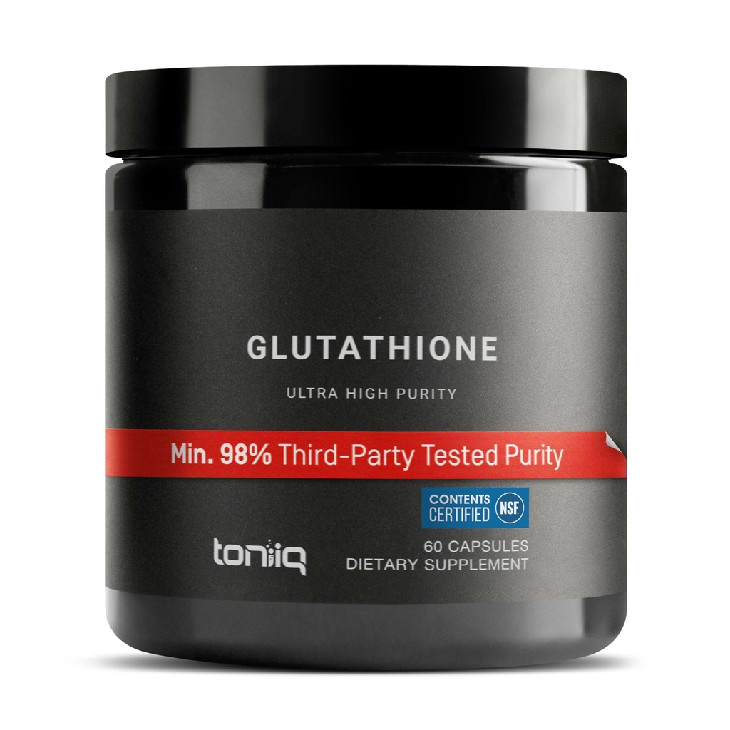 Kapsule zdravila Toniiq Ultra visoka jakost glutation - 1000 mg koncentrirana formula - 98%+ Visokoprečiščen in biorazpoložljiv - Fermentacija brez GMO - 60 kapsul Zmanjšani dodatek glutationa