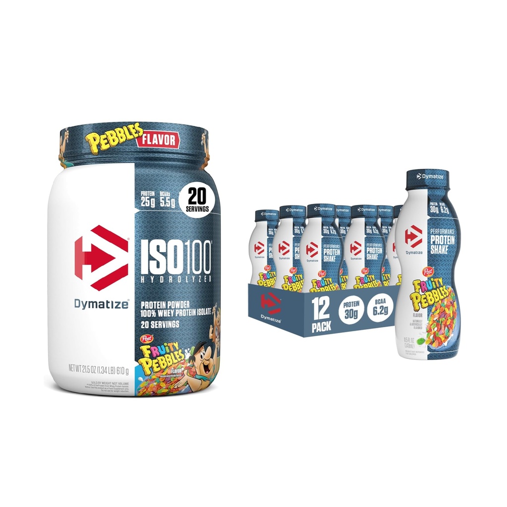 Komplet Dymatize Performance Protein Shake, Fruity Pebbles (12 pakiranje) + ISO100 Whey Protein Powder Isolat, Sadni Pebbles (20 servingov)