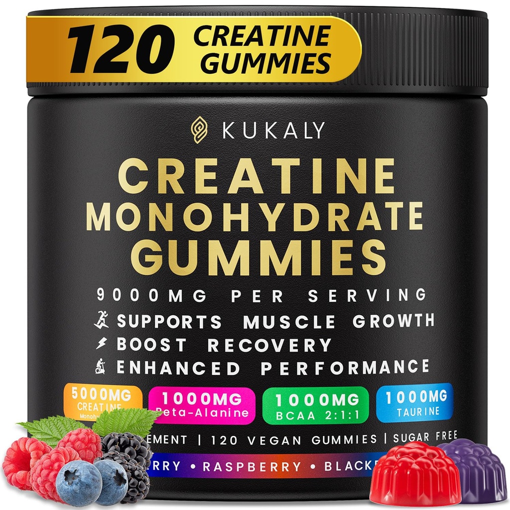KUKALY Kreatin Monohidrat Gumiji za moške in ženske, 9000MG Kreatin Gumies Sladkor brez dodanega L-tavrina, BCAA 2:1, B12 B6 za povečanje moči, fokus in vzdržljivost, Vegan, Non-GMO, 120kos