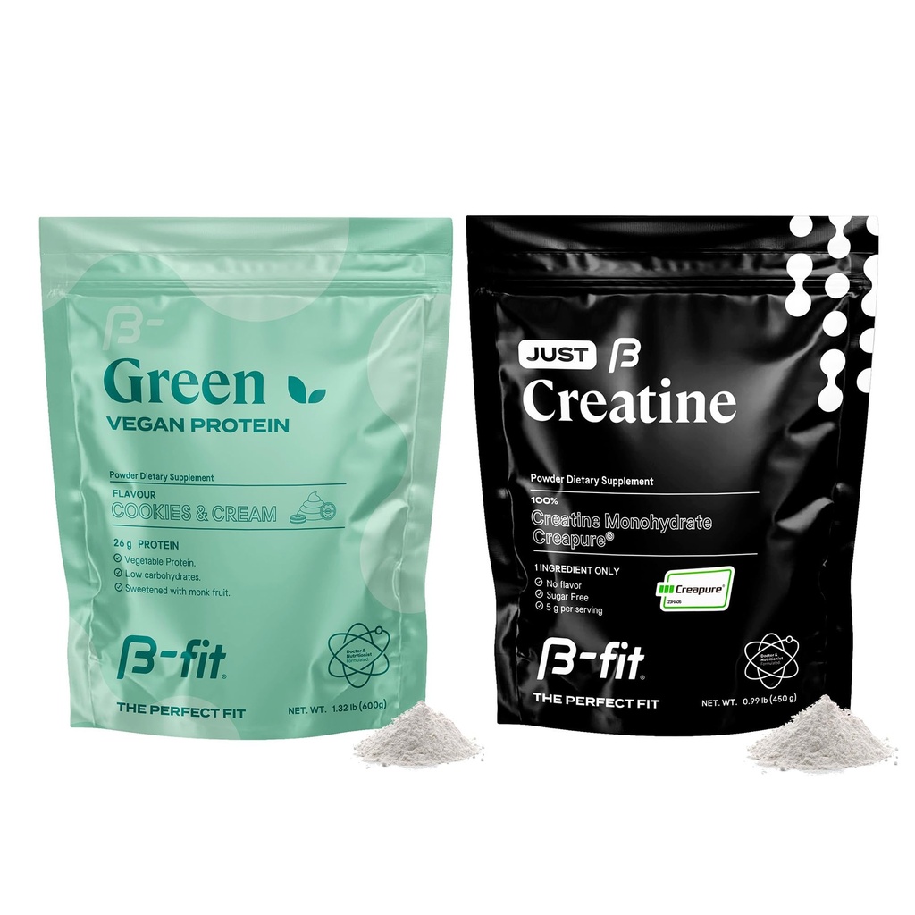 B-FIT B Veganski protein + Samo kreatin - Pea Beljakovine v prahu 600g - Rastlinski stresalnik - Kreatin monohidrat v prahu - Kreapura - 90 Servisi - 450 g