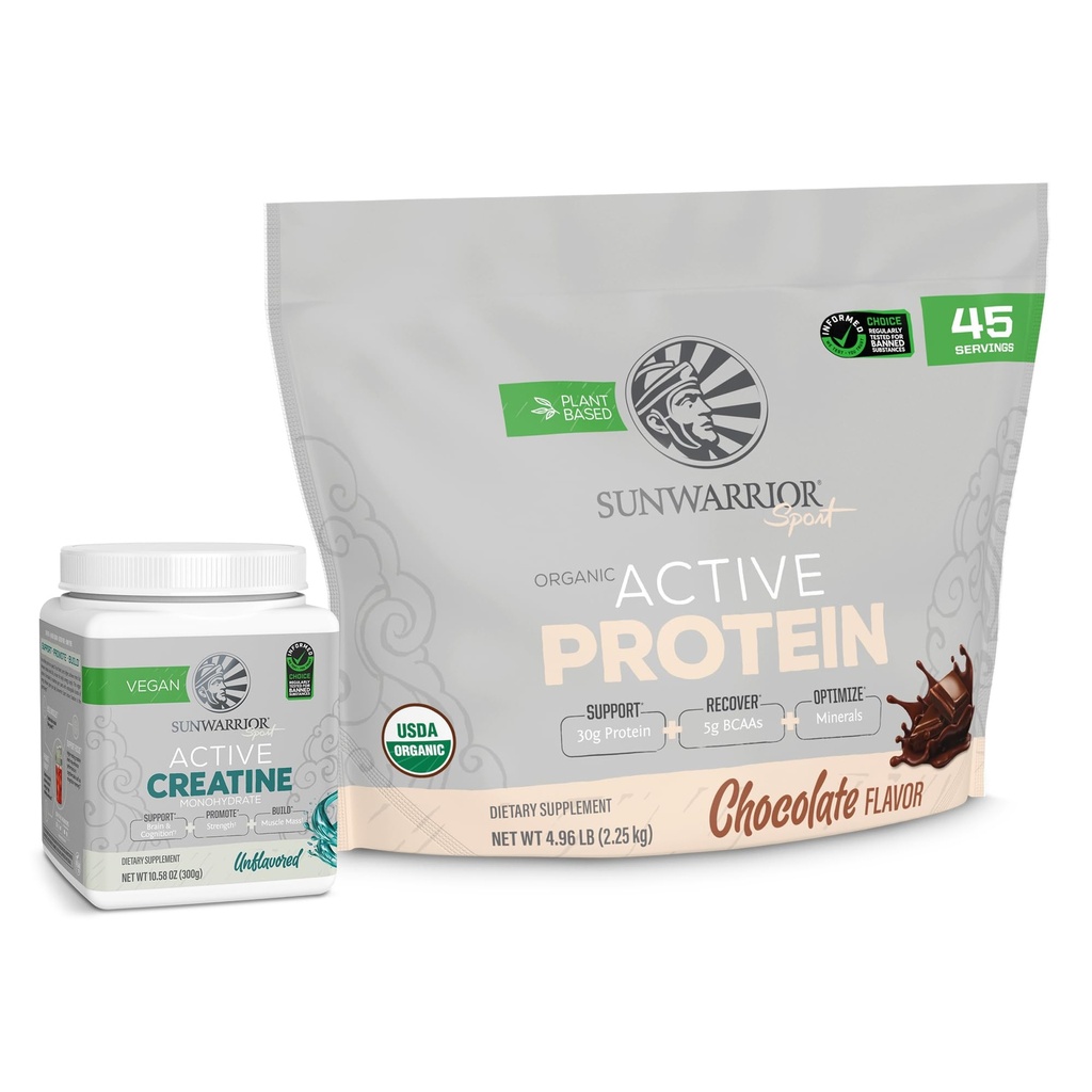 Sunwarrior Active Protein Powder na osnovi rastlin 45 serviranja čokoladna aroma in kreatin monohidrat v prahu 60 serviranja