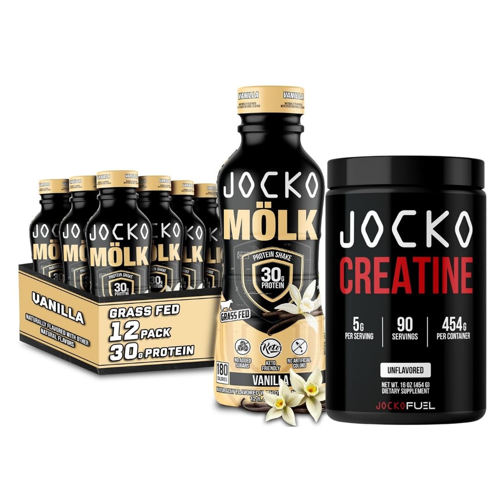 Jocko Mölk Grass Fed Protein Shakes - pripravljen za pitje (paket po 12) Vanilla + Jocko Creatine