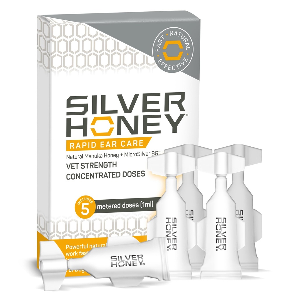 Absorbine Srebrni med Hitra nega ušesa Vet Jakost Koncentrirani odmerki, 5 Kapljice ušesa 10 dni na 1 Uho za pse in mačke, Medicinska stopnja Manuka Med & MicroSilver BG