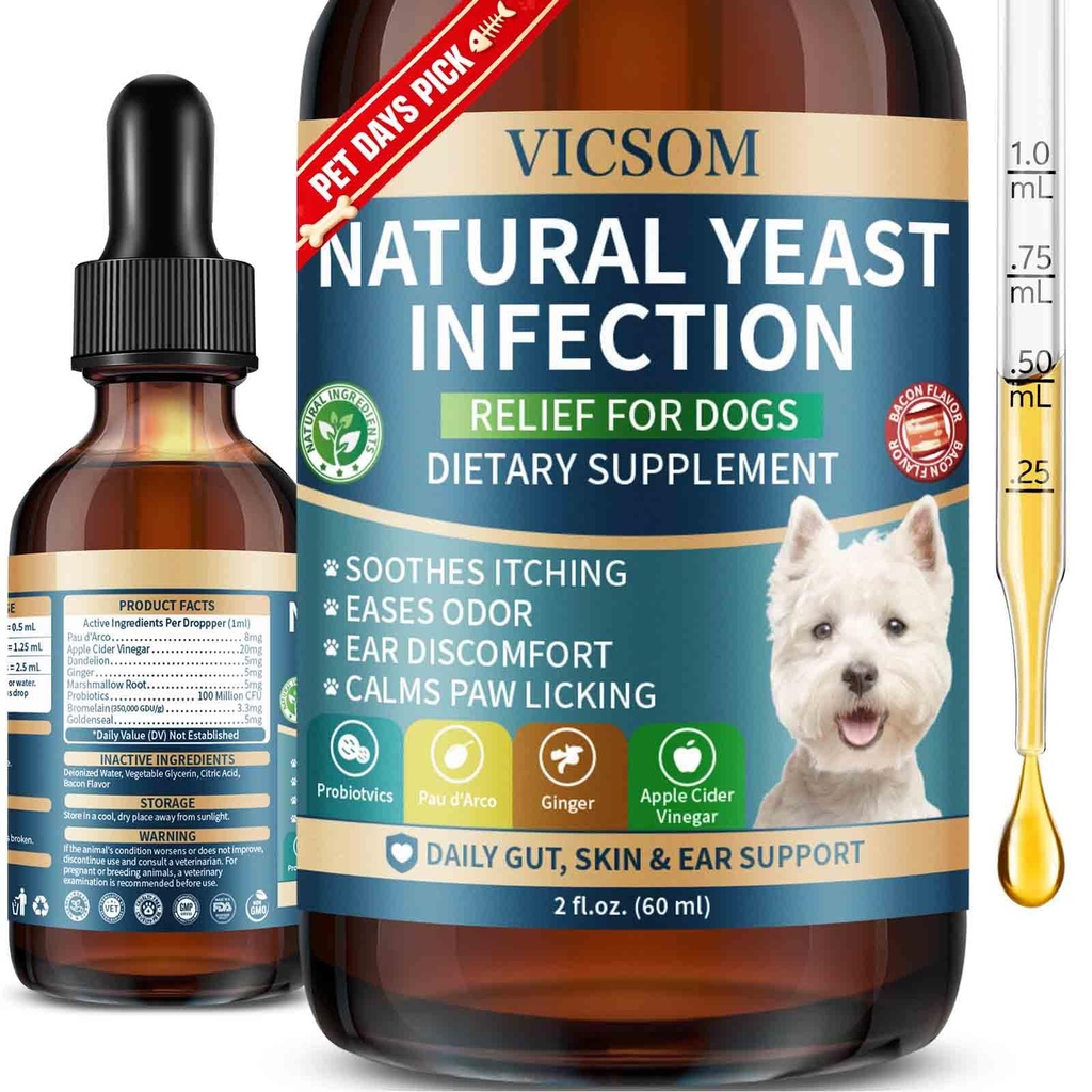 VICSOM Natural Dog Yeast Infection Treatment for Psi, Srbeče kože in ušesa Zdravljenje Natural Support Alergy Relief, Dog Yeast Infection Relief, Podpora Draženje, Srbenje in vnetje 60ml