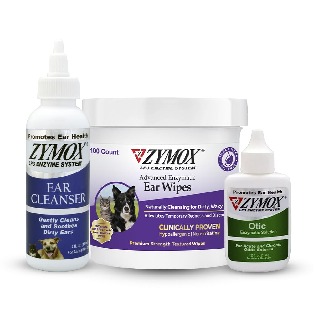 PET KING BRANDS ZYMOX Enzymatic ušesne robčke, čistilo za ušesa, in Otic uho rešitev za pse in mačke - izdelek paket - za Umazana, Waxy, Smrdeče ušesa in za Soothe ušesa okužbe, 100 ct, 4 oz in 1,25 oz