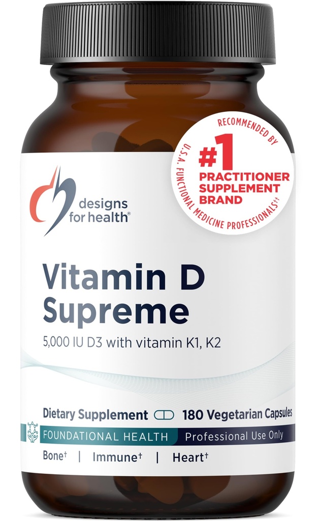 Designs for Health Vitamin D Supreme - Vitamin D 5000 i.e. z 2000mcg Vitamin K kot MK4 za zdravje kosti, zdravja srca, razpoloženja in imunske podpore - Vitamin D3 Okrepljeno z GG dodatek (180 kapsule)