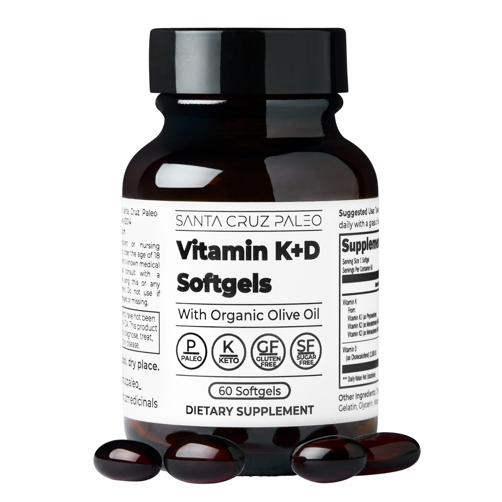 Santa Cruz Paleo Vitamin K2 + D3 Softgels, Dnevni dodatek z organskim oljčnim oljem, Vključuje vitamin K1 & dve obliki K2, podpira zdravje srca in kosti, Gluten brez sladkorja, Paleo, Keto, 60 Count
