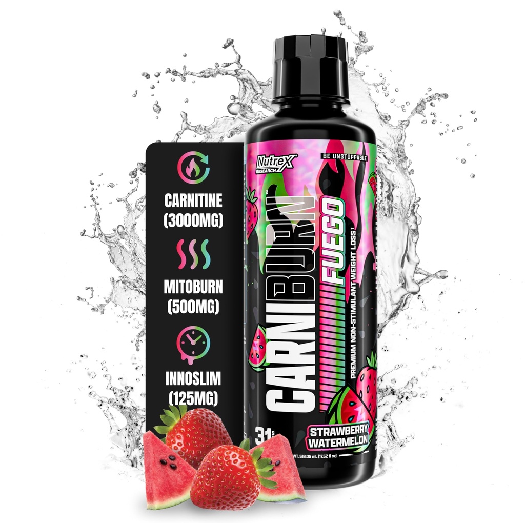 Nutrex Research Carniburn Liquid L Carnitine 3000mg – Termogenski gorilnik za tekoče maščobe za moške in ženske z MitoBurnom, InnoSlimom, GBBGO - Stimulant Free Presnova Booster - Jagodna lubenica 31 SV