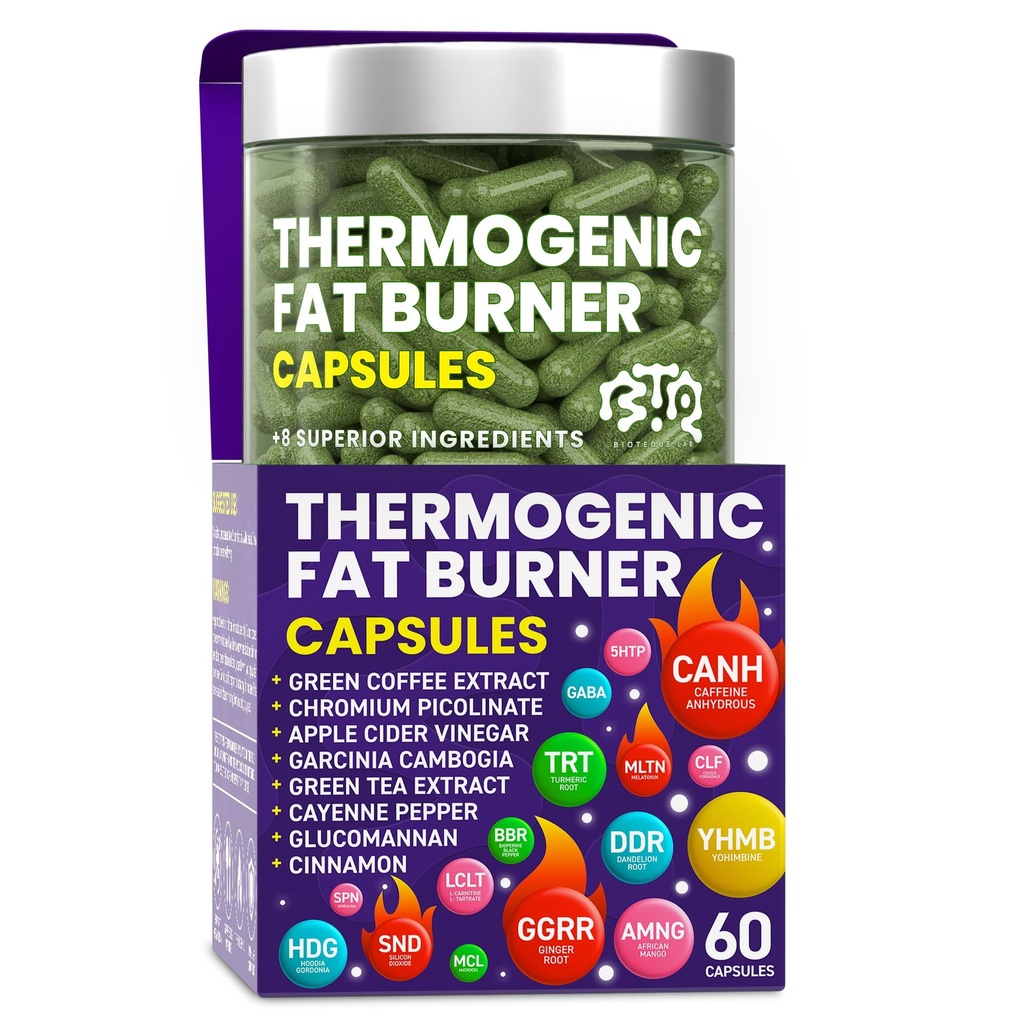 Termogenske kapsule za kurjenje maščob - tablete za hujšanje za ženske in moške, sredstvo za preprečevanje apetita, sredstvo za presnovo - zeleni čaj, ekstrakt kave, Garcinia Cambogia - tablete za hujšanje - 60 kapsul