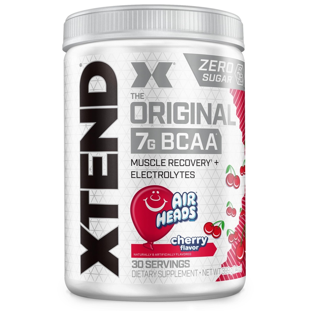 Xtend Original BCAA Powder, 7g BCAA in 2,5g L-glutamina za mišično regeneracijo Hidracija in lean Muscle, Sugar Free Intra and Post Workout Napitek z elektroliti, Cherry Airheads, 30 Serving