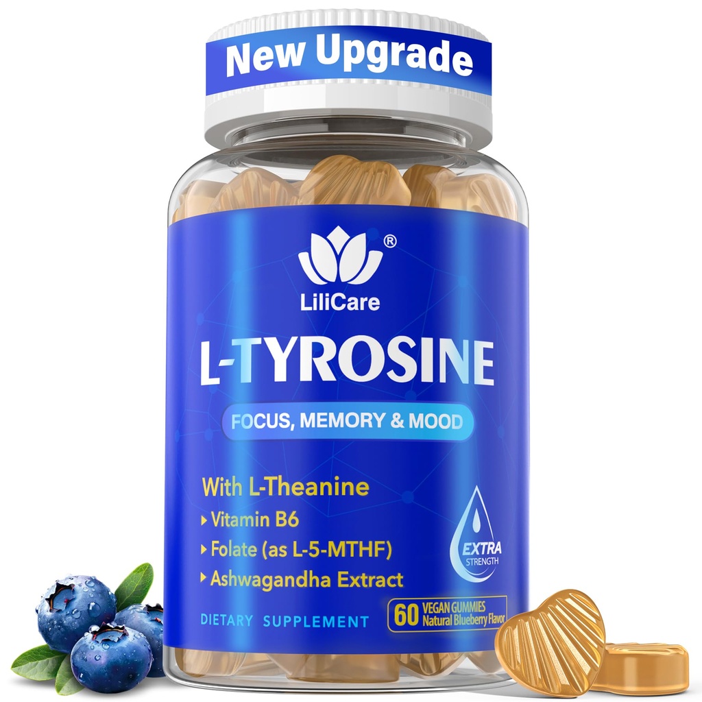 L Tirozin Focus Supplement Gummies 1100mg za odrasle, Možganski dodatki za spomin in fokus, L-Tirozin Gummies z Ashwagandha, I-Theanin za mir in razpoloženje - Vitamin B6 & B9 za energijo-Vegan, 60ct