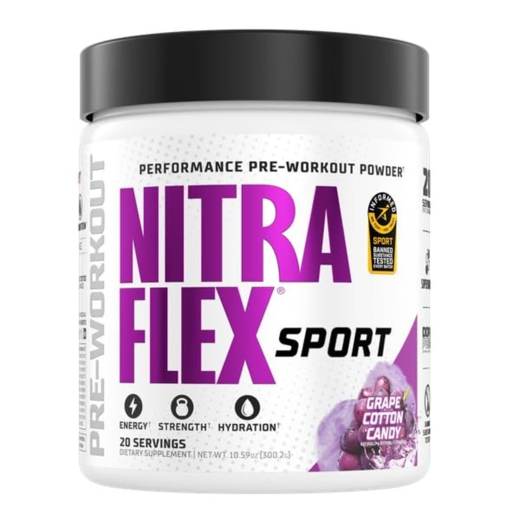 Nitraflex Sport Grape Cotton Candy Pre-World Powder, prepovedana snov testirana, Citrulin, Betain, Elektroliti, Hidracija, Boron, za moške in ženske, 20 Serving