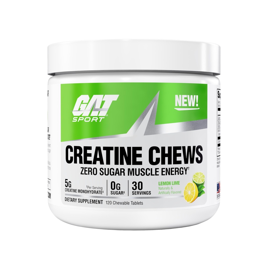 GAT SPORT Kreatin Chews, nič sladkor, 5g Čisti kreatin monohidrat, 3. stranka testiran, zdravje možganov, mišice, moč, antioksidant podporo, za moške in ženske, 30 Serving (Lemon Lime)