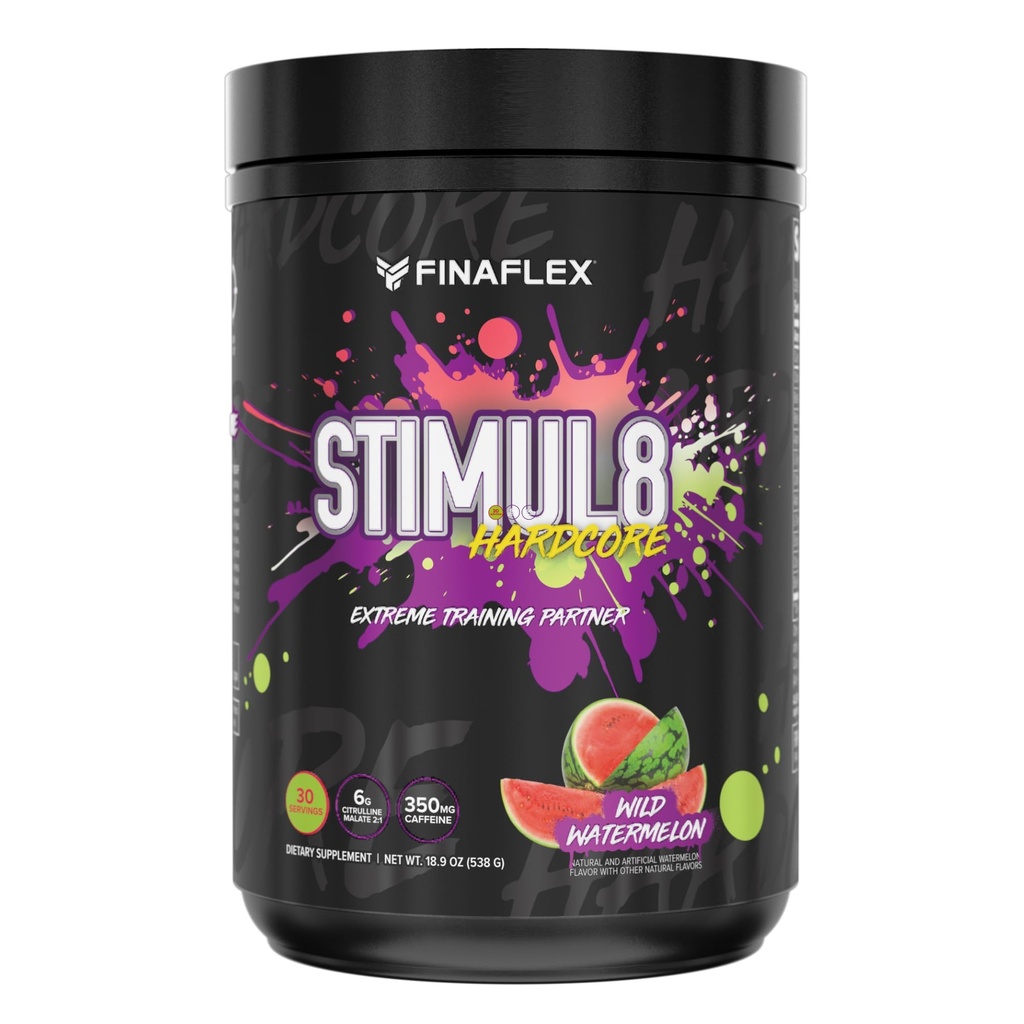 FINAFLEX STIMUL8 Hardcore, Wild Watermelon - Ekstremna energija, moč in vzdržljivost za moške in ženske - s kofeinom in L-citrulin - 30 Služabnikov