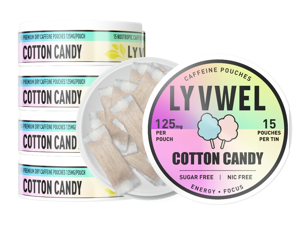 LyvWel 125mg Kofeinske energetske vrečke – čista energija z guarano za fokus & Stamina – 5-Pack (75 Total Pouches) (5 Pack, Cotton Candy)