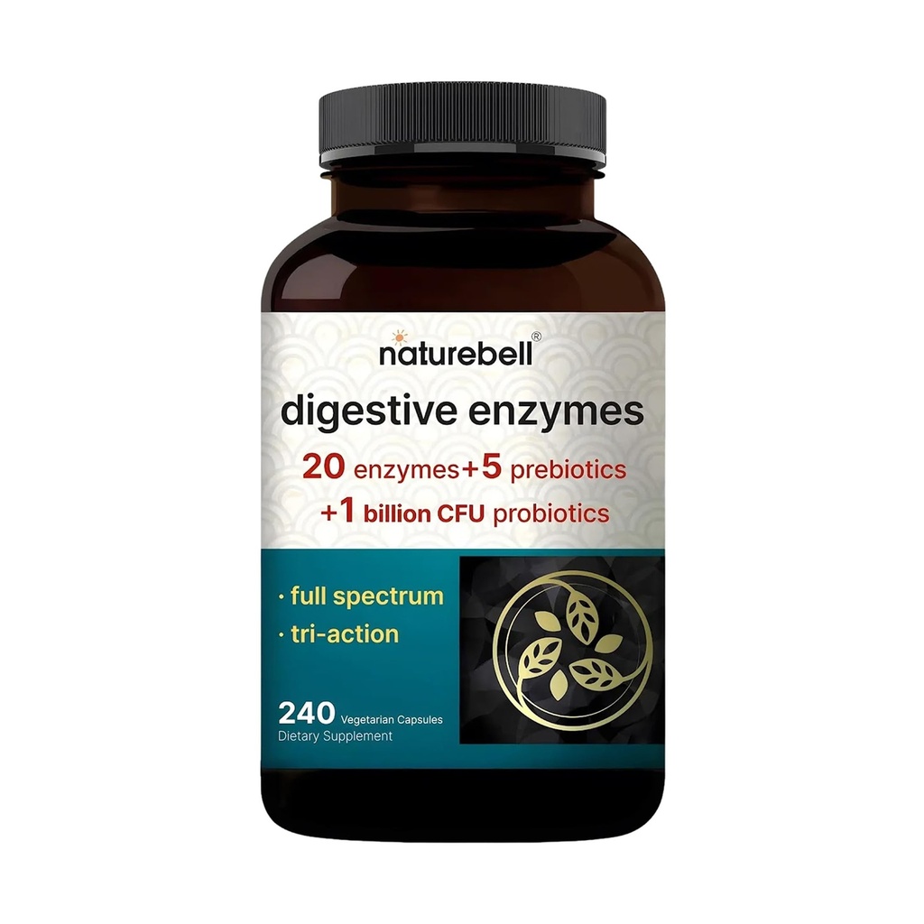 NatureBell Digestive Enzymes - 240 Kapsule - Gut & Digestive Health Support Supplement* - z 20 Encimi, 5 Prebiotiki in 10-Strand probiotična mešanica