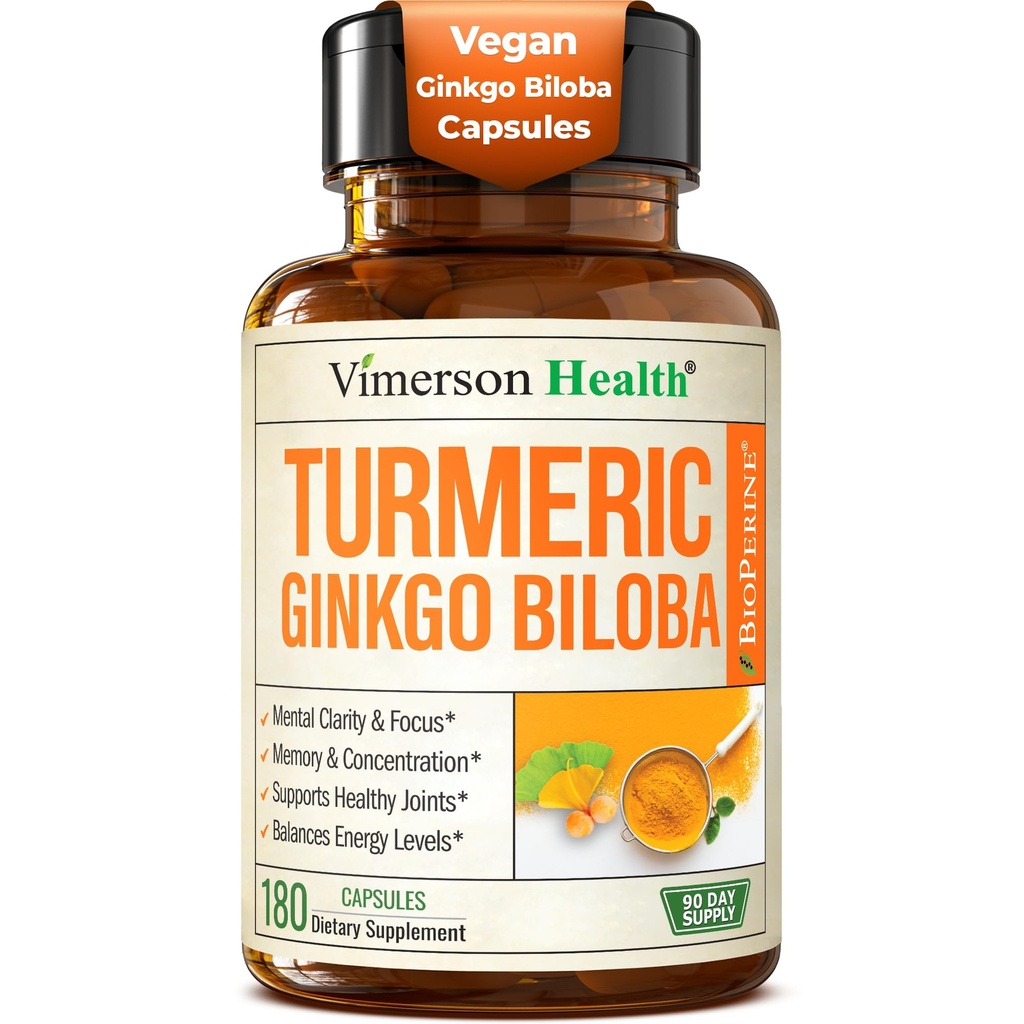 Ginkgo Biloba dodatek s kurkuminom in črnim poprom za visoko absorpcijo - Ginko Biloba kapsule s kurkumo za fokus, podporo spomina, skupno zdravje in zdravje možganov - NonGMO - 180 Veganske kapsule