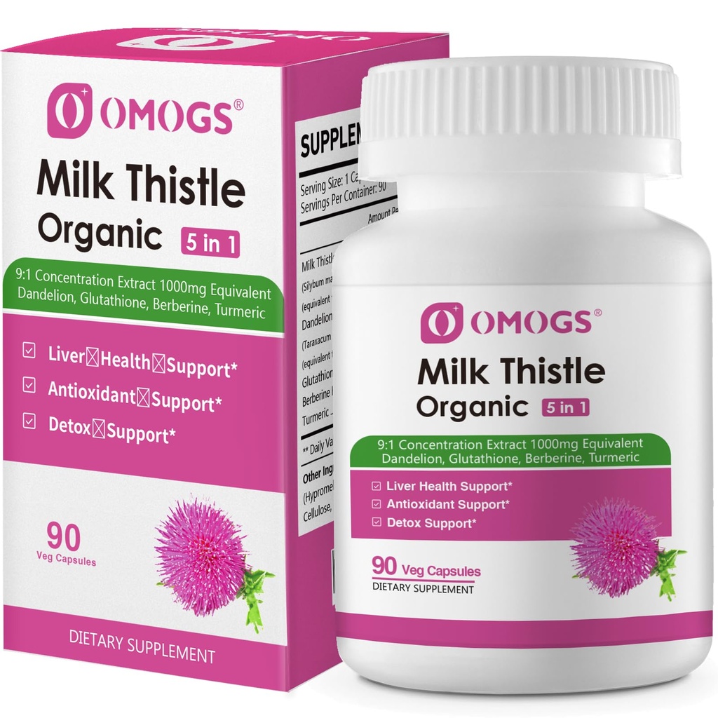 OMOGS organsko mleko osat, rastlinska jetra podpora mleko osat dodatek, z Dandelion Root, Glutatione, Berberine HCL &Turmeric, podpora jeter čiščenje Detox in popravila, 90 kapsul