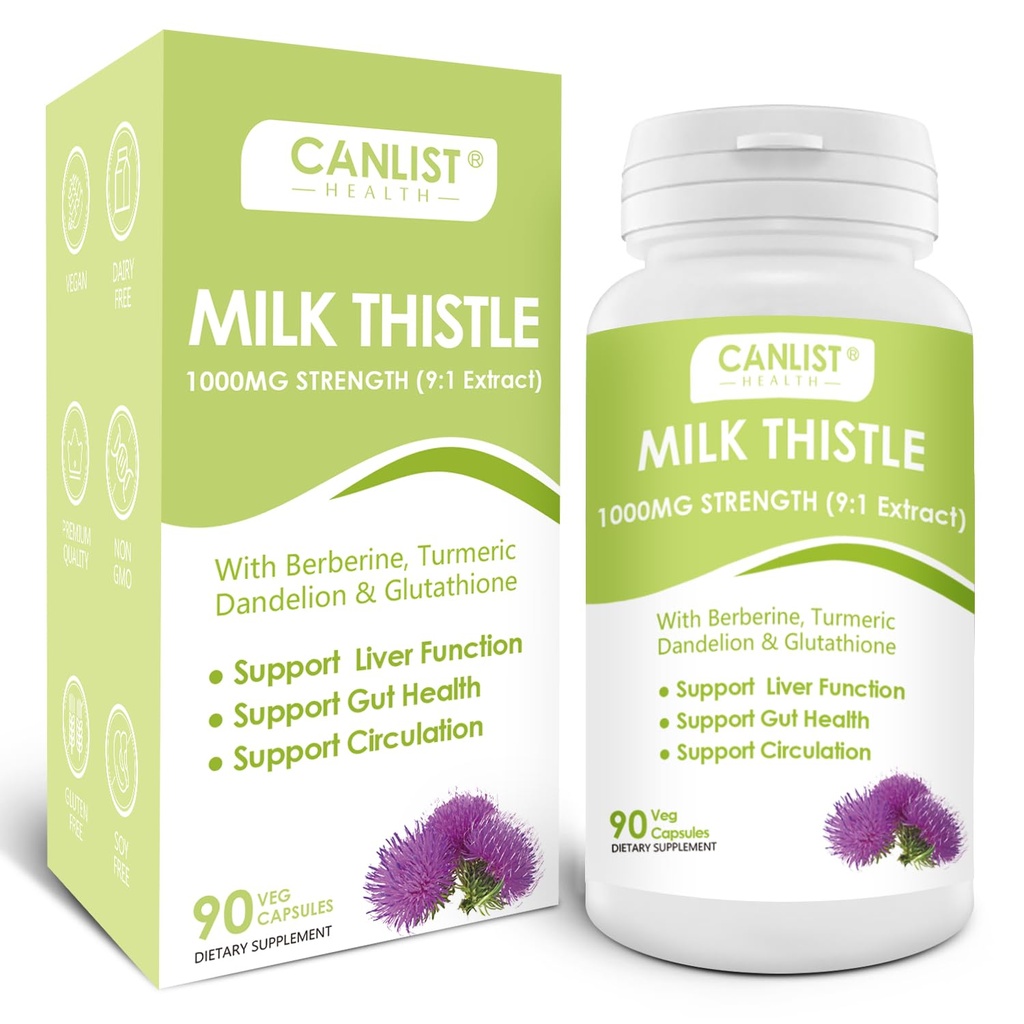 Kapsule CANLIST Mlečni osat 1000 mg, Potent 9:1 Ekstrakt, podpora za zdravje jeter, Detox & Cleanse, Antioksidant & Gut Health, Non-GMO, Gluten-free, 90 kapsul