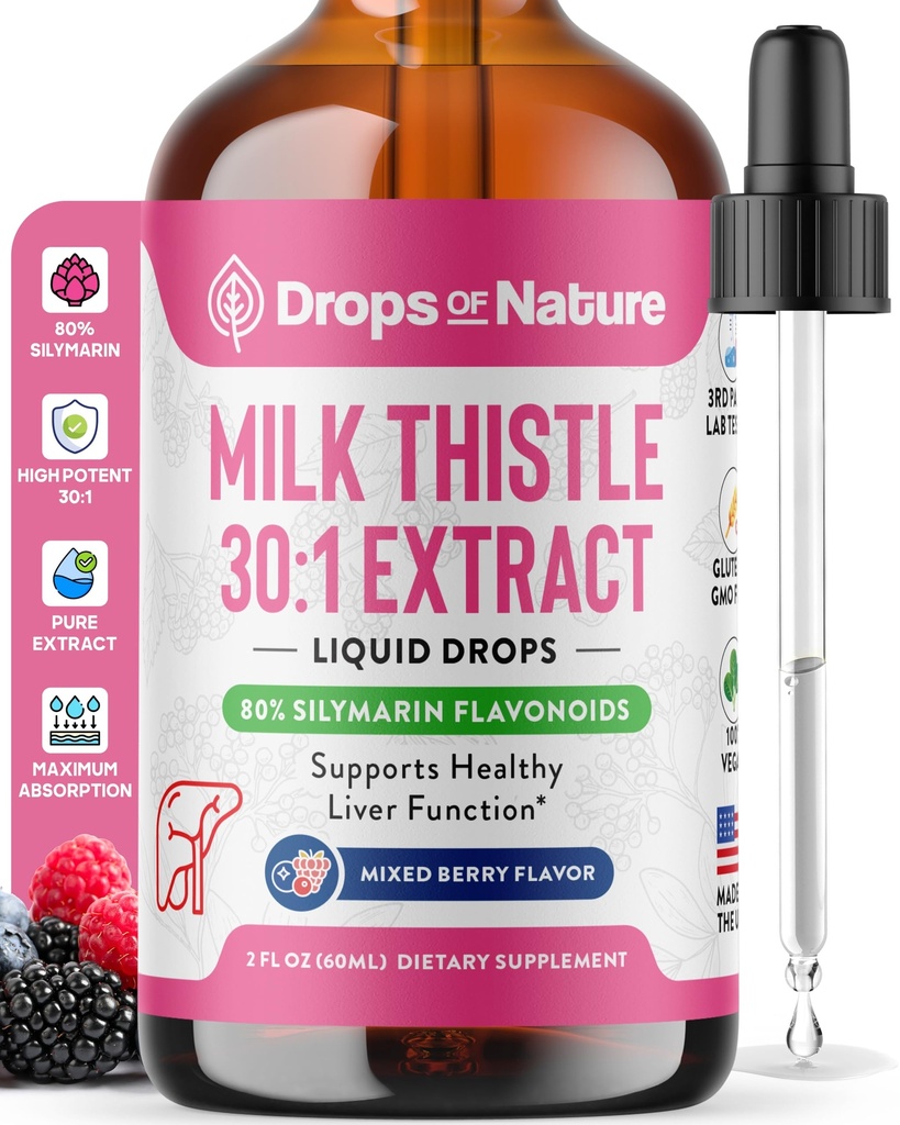 Milk Thistle kapljice z 80% silimarin Flavonoidi – Vegan, Non-GMO, hitro absorbira – Preprosto premešajte z pijačami – Milk Thistle dodatek za jetra, Imunsko nego in antioksidant podporo (Mešano Berry, 60 ml)