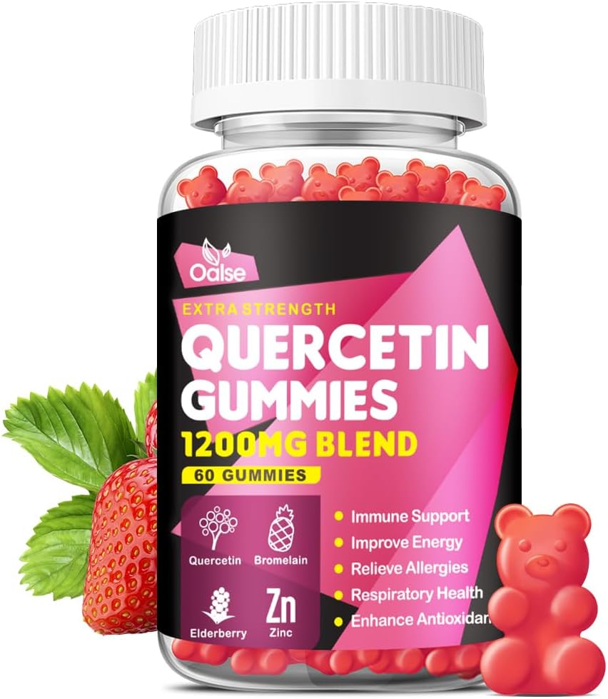 Quercetin Gummies 1200mg - Quercetin z vitaminom C in cinkom, bromelain, bezgove jagode, vitamin D3 - Quercetin dopolnila za otroke in odrasle Immuniteta in Alergija Podpora