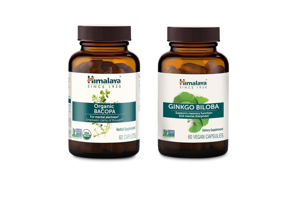 Himalaja Organic Bacopa Monnieri Nootropic & Ginkgo Biloba Variety Pack, Podpira miren, Spomin, Kognition, USDA Certified Organic, Non-GMO, 750 mg, 60 Število (Pack po 2)