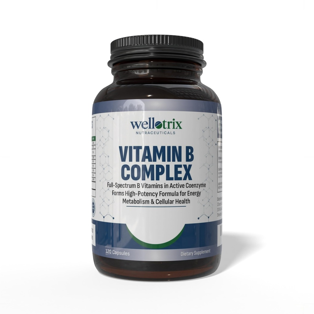 Wellotrix Advanced B- Complex – Celoten spekter 8 Esencialnih B vitaminov (B1, B2, B3, B5, B6, B7, B9, B12) v aktivnih koencimskih oblikah – podpira energetsko presnovo in celično zdravje – 120 kapsul