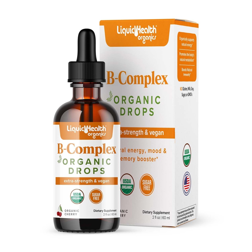 LIQUIDHEALTH USDA Organic Vitamin B Kompleksne kapljice za moške in ženske - naravna energija, izboljšan fokus, spomin in razpoloženje, Imunska podpora, Presnova Boost - ZDA Made, Dodatna moč, sladkor brez, Vegan (2 oz)