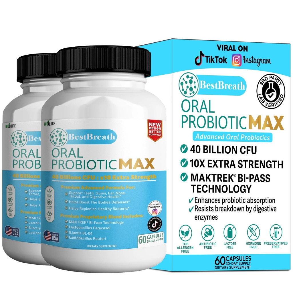 BestBreath oralno probiotic MAX - 40 milijard CFU - Podpora zobom, gumijem, ušesu, nosu, grlu in prebavnega zdravja - 60 kapsul (2)