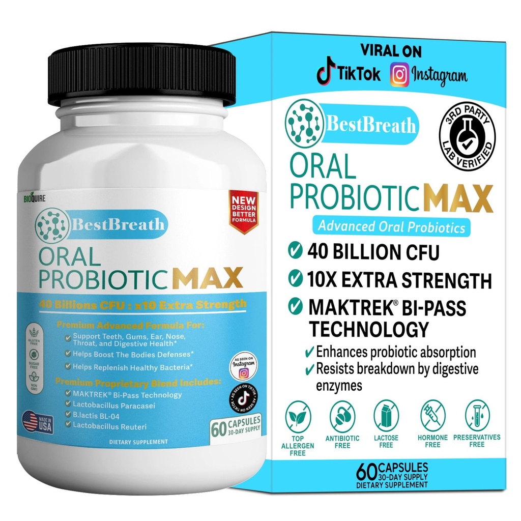 BestBreath oralna probiotic MAX - 40 milijard CFU - Podpora zobom, gumijem, ušesu, nosu, žrelu in prebavnega zdravja - 60 kapsul (1)