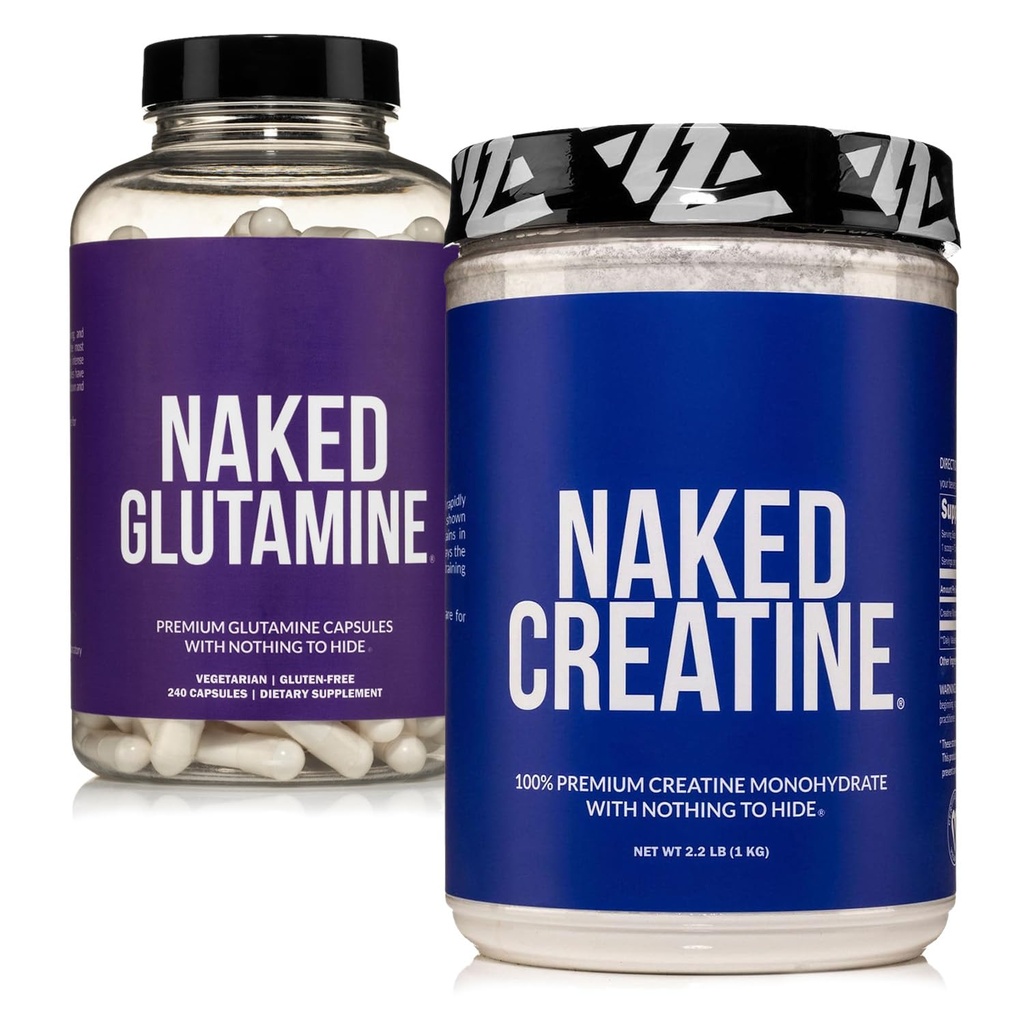 NAKED Pure Micronized Kreatin Monohidrat 200 Serving + Pure L-glutamin 240 Kapsule paket: Vegan, Ne-GMO, Gluten brezplačno. Zmanjšanje mišične razčlenitve in izboljšanje sinteze beljakovin. Nič umetnega