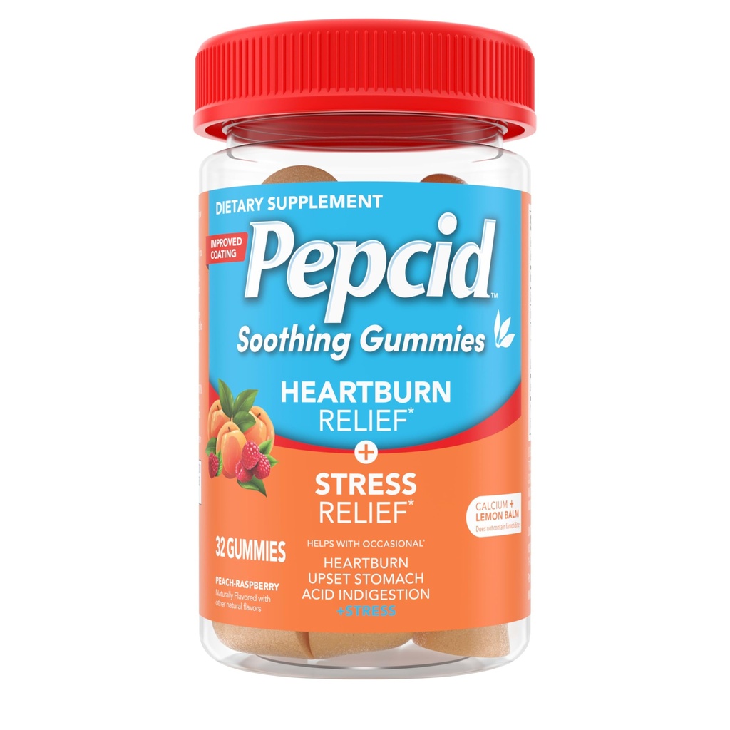 Pepcid Pomirjujoče antacide Gumies, Zgaga Relief + Stress Relief za občasno zgago, Razburjena želodčne in kisline prebavne motnje, z ekstraktom limone Balm, Trikalcijev fosfat, Peach-Raspberry, 32 ct