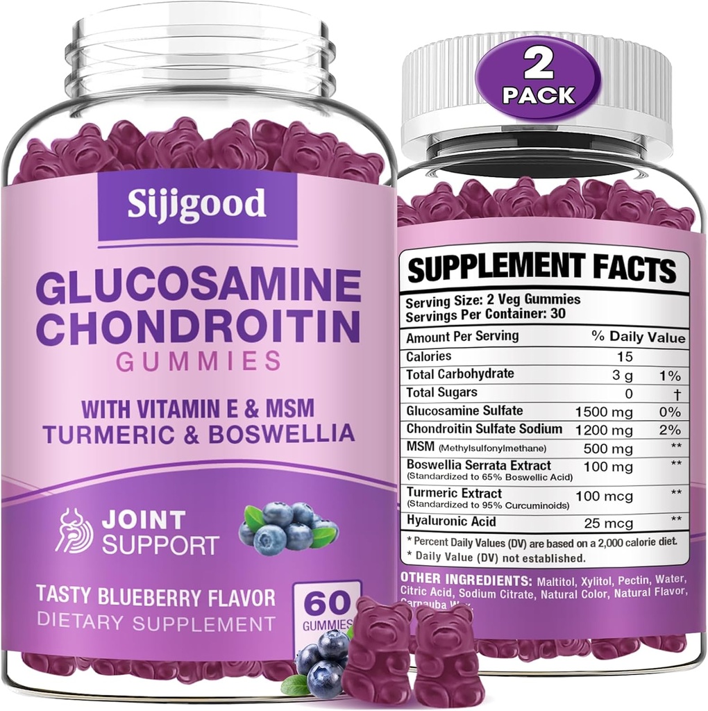 2 Pack Glukozamin Chondroitin Gumies, Extra Jakost Glukozamin Chondroitin MSM s starejšo jagodo in kurkumo, Skupno zdravje, Fleksibilnost, Antioksidant, Imuna za odrasle-Blueberry arome, 120 Gumies