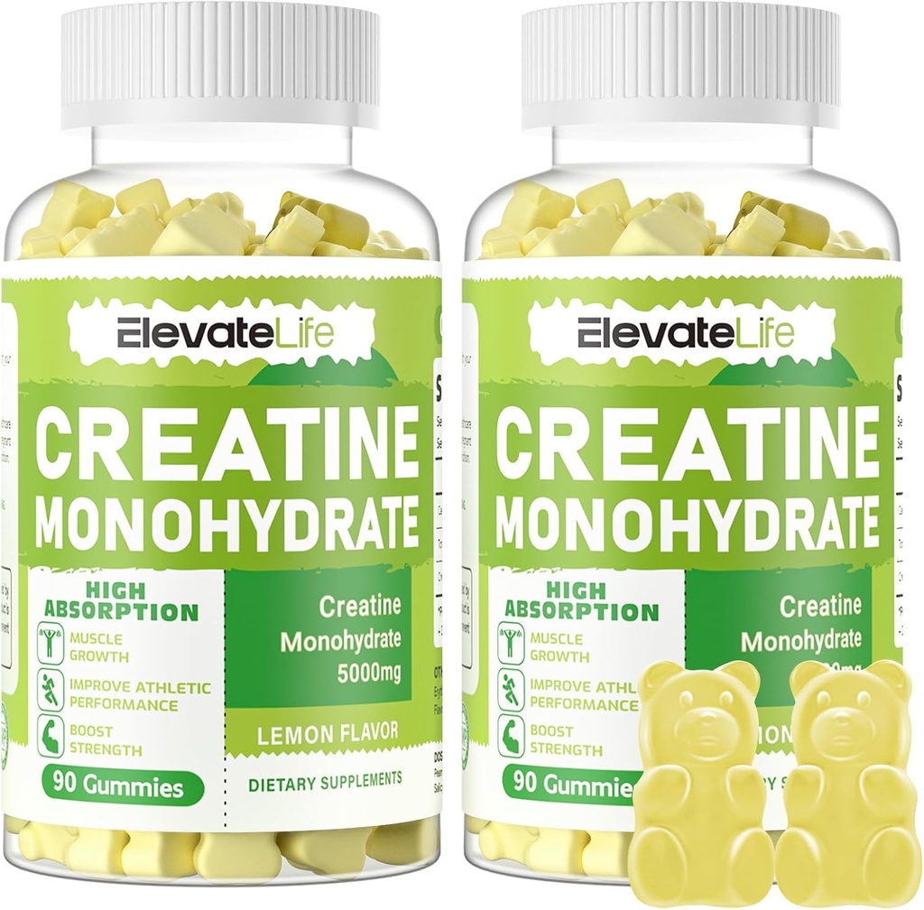 ElevateLife Kreatin monohidrat Gumiji 5g za moške - Brez sladkorja žvečljivi dodatek. 180 Gummies Lemon