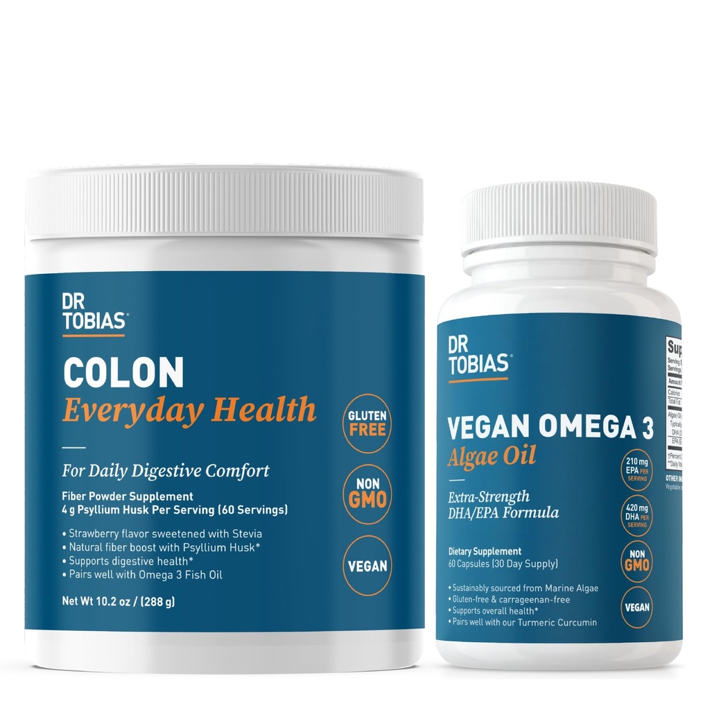 Dr. Tobias Colon vsak dan zdravje & Vegan Omega 3 Algae olje - Prebavne Wellness in dnevno zdravje podpora s Psyllium Husk in DHA EPA Omega 3s, Vegan, Non-GMO