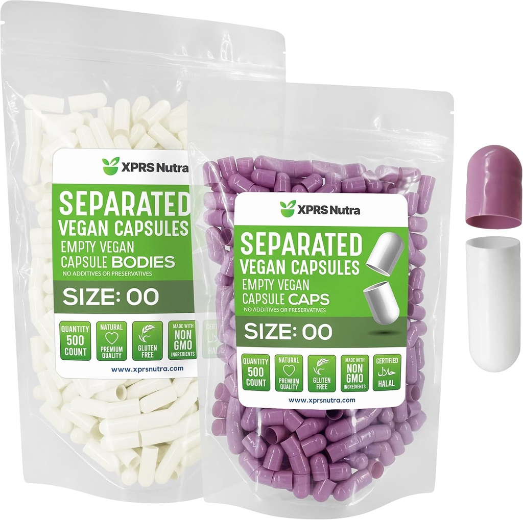 XPRS Nutra Vegan Velikost 00 Ločene kapsule - 500 Premium prazne kapsule Ločene v vrečah - 00 Tablete Prazne za polnjenje (Lavender/White)