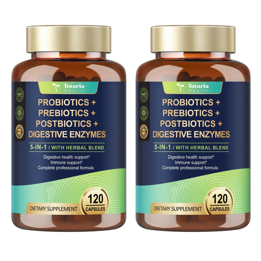Totaria (2 pakiranji) 5-v-1 probiotik prebiotik in postbiotik za ženske, 60 milijard CFU 24 sevi w/prebavni encimi, spolzka elm, Daily Complete Gut Health, Digestive & Imune Support