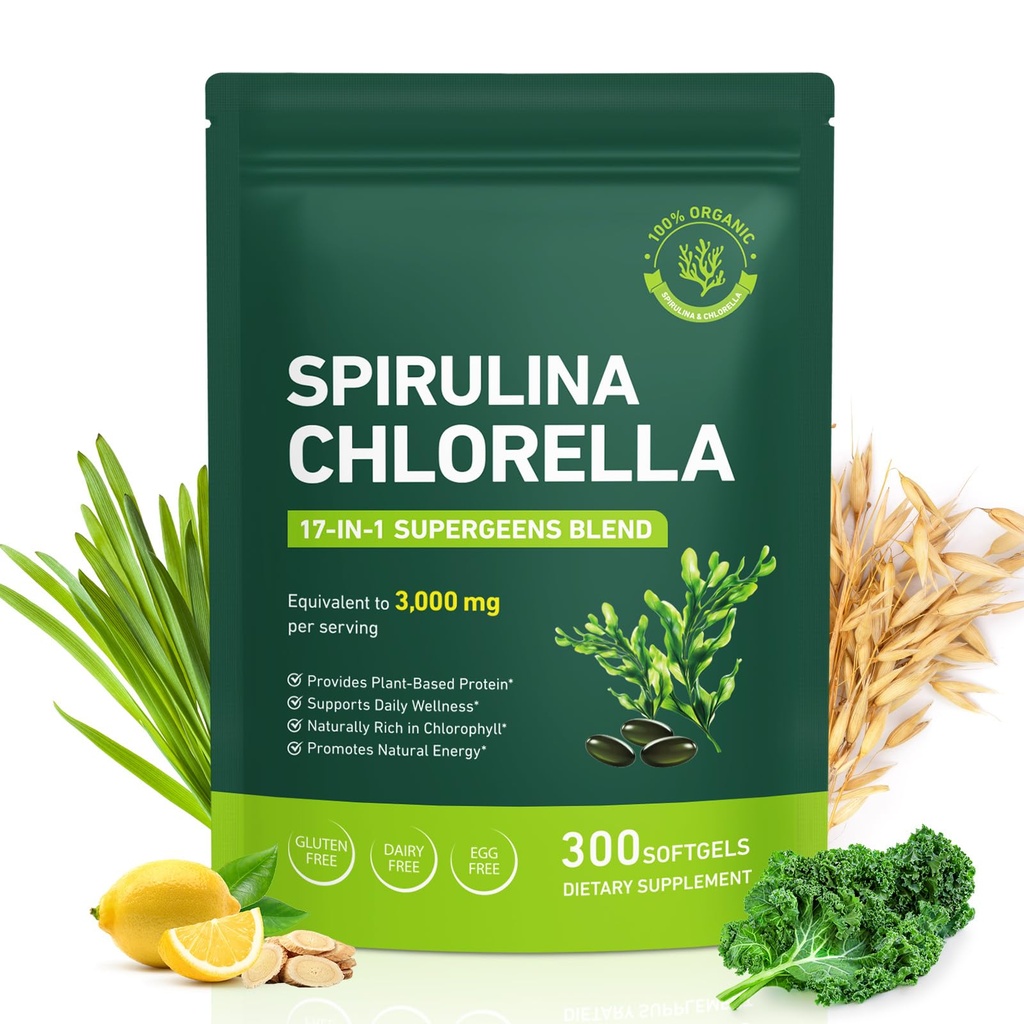 Kapsule Spirulina Klorella 3100mg – veganska zelena superhrana, 50/50 mešanica alg za imuno podporo in energijo – Rih v beljakovinah, klorofilu, vitaminih in mineralih, 300 kapsul